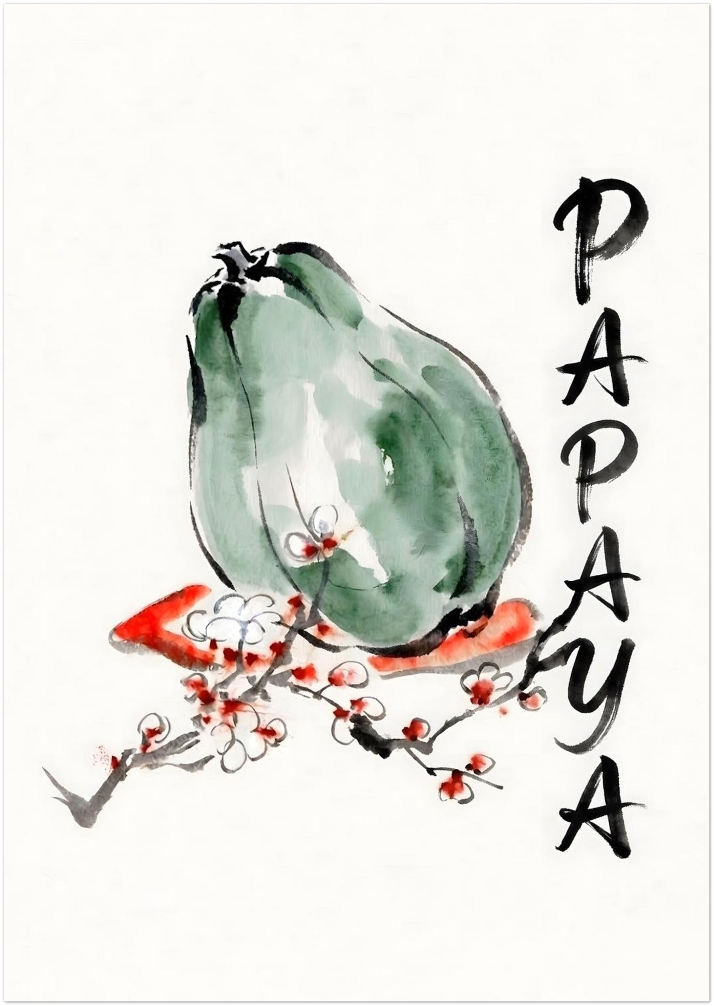 A0 unframed papaya wall art shown upright as a product listing image on a clean background. The print includes a pale green papaya painted in loose watercolour, black ink style outlines, red and white blossom branches, and vertical PAPAYA text. Large format tropical fruit print for kitchen wall art, botanical decor, modern dining spaces and minimalist interiors that need bold scale with simple visual detail.