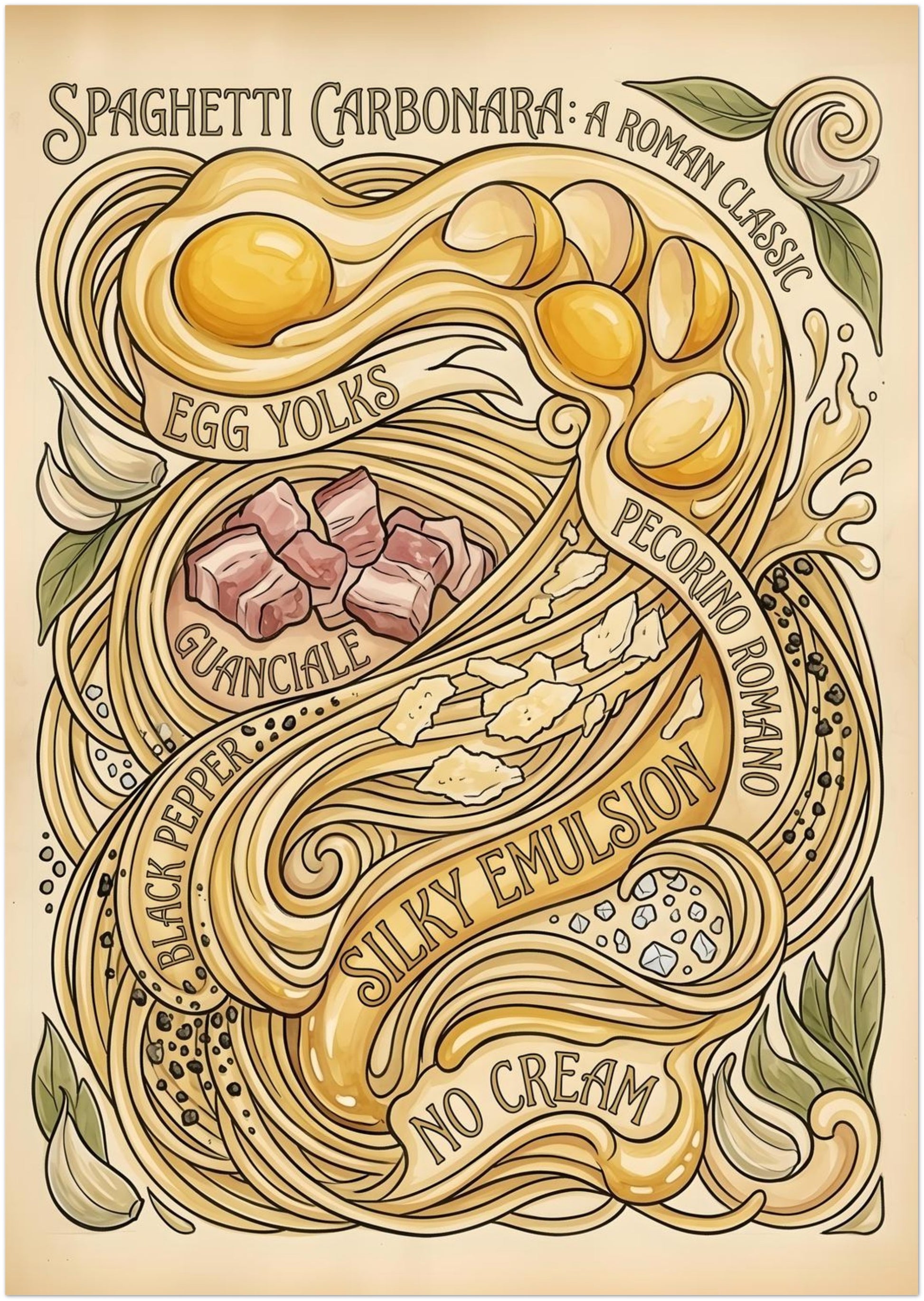 A0 unframed Spaghetti Carbonara Poster in a very large format, designed to make the vintage Italian recipe artwork the main focus of the room. The print shows flowing spaghetti, egg yolks, guanciale, herbs, garlic, black pepper and cheese with hand-drawn lettering on a soft beige ground. Best for big kitchen walls, restaurant interiors, open dining spaces or anyone wanting oversized pasta wall art with strong visual impact.