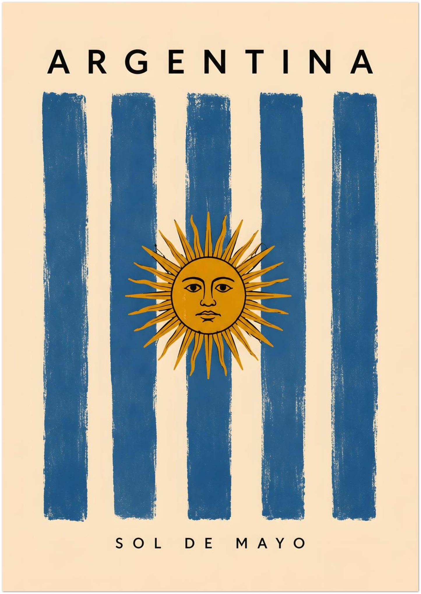 A0 unframed Argentina wall art featuring a large vertical arrangement of textured blue and cream flag stripes. The golden Sun of May is centred across the composition, with Argentina printed above and Sol de Mayo below. The oversized format, aged cream background and bold cultural imagery make this a striking Argentine travel poster.