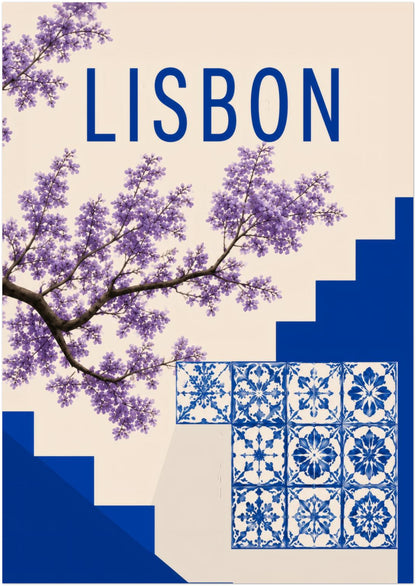 A0 unframed Lisbon azulejo poster designed as a large Portugal wall art print, with blue and white tile patterns, purple jacaranda flowers, bold blue steps and simple Lisbon text. A strong statement piece for spacious rooms, gallery walls, travel decor and Mediterranean inspired interiors.