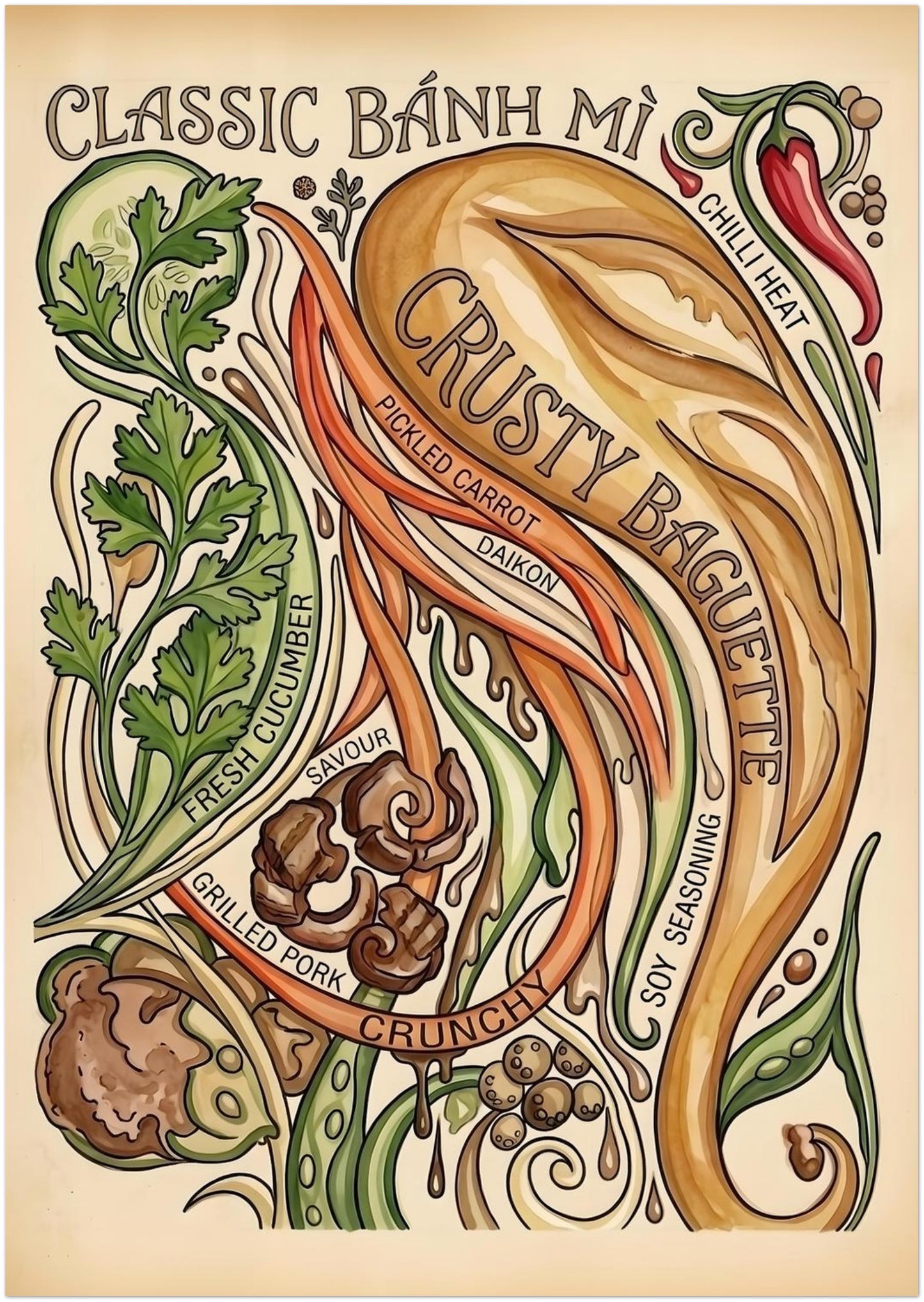A0 unframed Vietnamese recipe poster with a large vintage Banh Mi illustration. The artwork shows a crusty baguette, chilli, coriander, cucumber, pickled carrot, daikon, grilled pork and soy seasoning. A bold food wall art print for restaurants, cafés, open kitchens and large dining spaces.