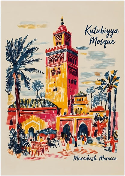 A1 unframed Kutubiyya Mosque print showing a bright Marrakech city scene in a loose travel poster style. The artwork includes the mosque tower, palm trees, archways, people walking and café seating in red, yellow, blue and cream tones. A large Morocco print size that gives strong wall presence while keeping the relaxed hand-drawn feel, ideal for living rooms, bedrooms, hallways or office decor.