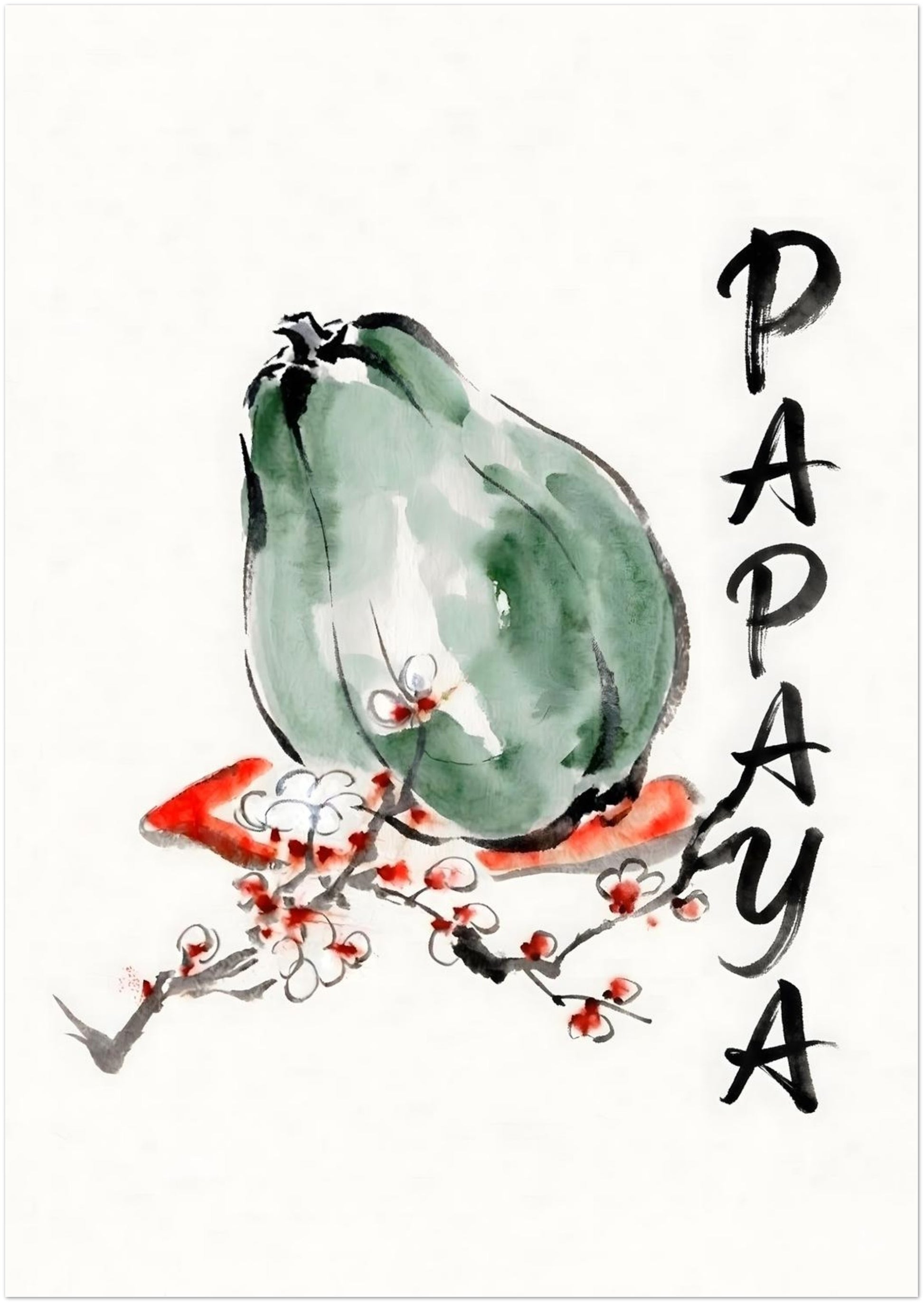 A1 unframed papaya print displayed as a plain product image with the full artwork visible. The design shows a green papaya in soft watercolour with loose black brush lines, blossom branches with red accents, and hand painted vertical PAPAYA lettering. Modern fruit wall art for kitchens, breakfast nooks, dining rooms and tropical botanical interiors, offering a clean minimalist style with clear food inspired subject matter.