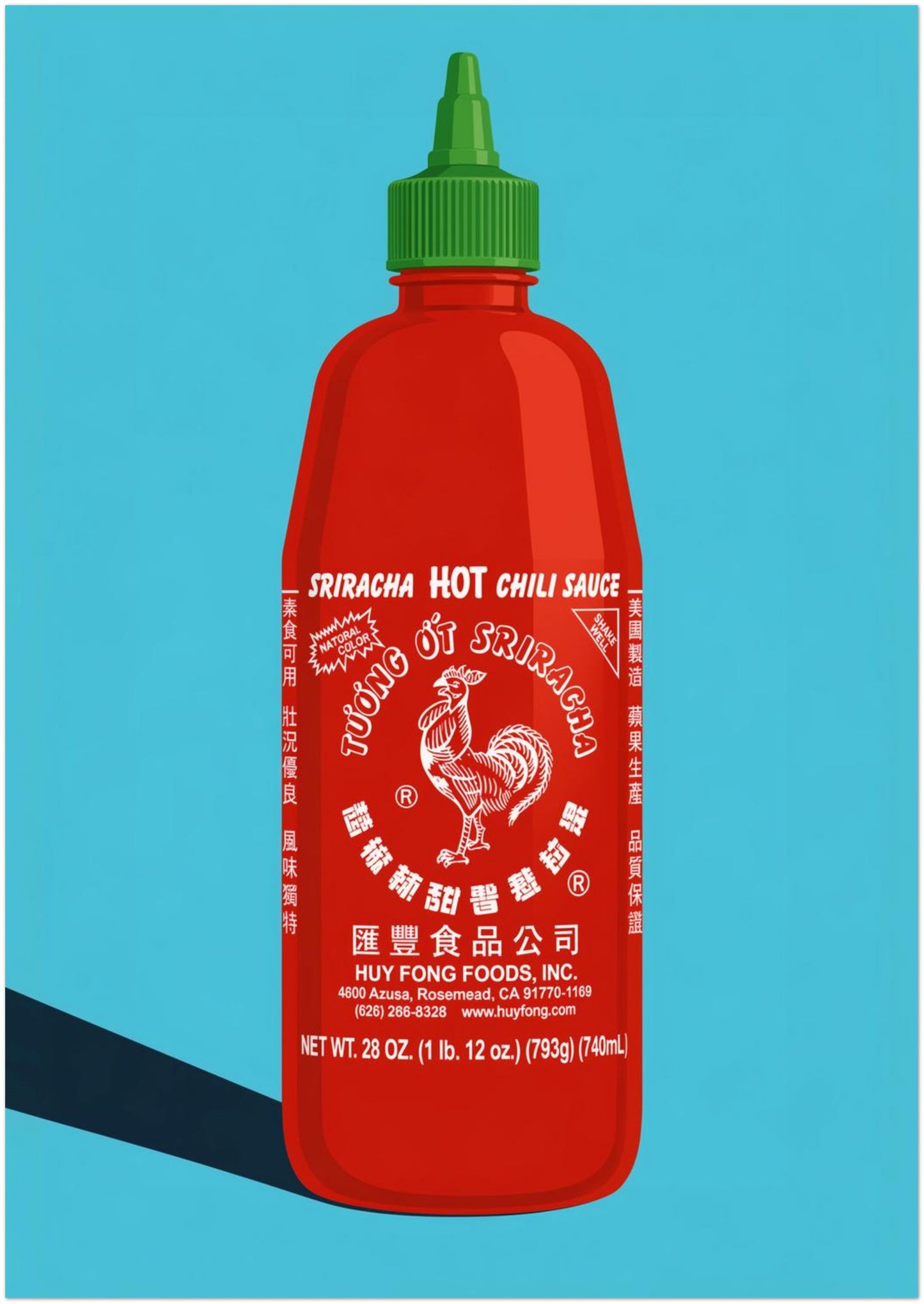 A1 unframed sriracha chilli sauce poster showing a red bottle with green cap, white label details, rooster logo and bright blue background. A bold kitchen print with pop art style, made for dining room decor, cafe wall art, restaurant walls, food shops and hot sauce fans.