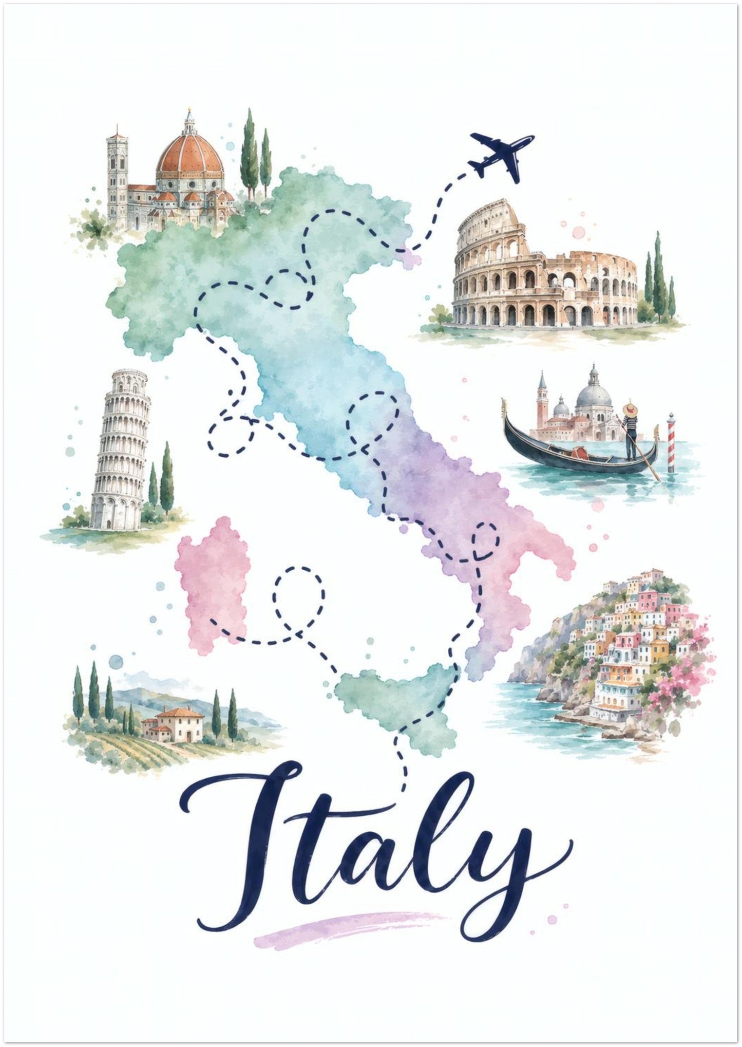 Unframed A1 Italy travel map print with a pastel watercolour design in green, blue, pink and purple. The portrait artwork includes dotted journey lines, a small aeroplane and illustrated Italian landmarks, historic buildings and coastal scenes arranged around the country. Flowing navy Italy lettering creates a strong focal point below.