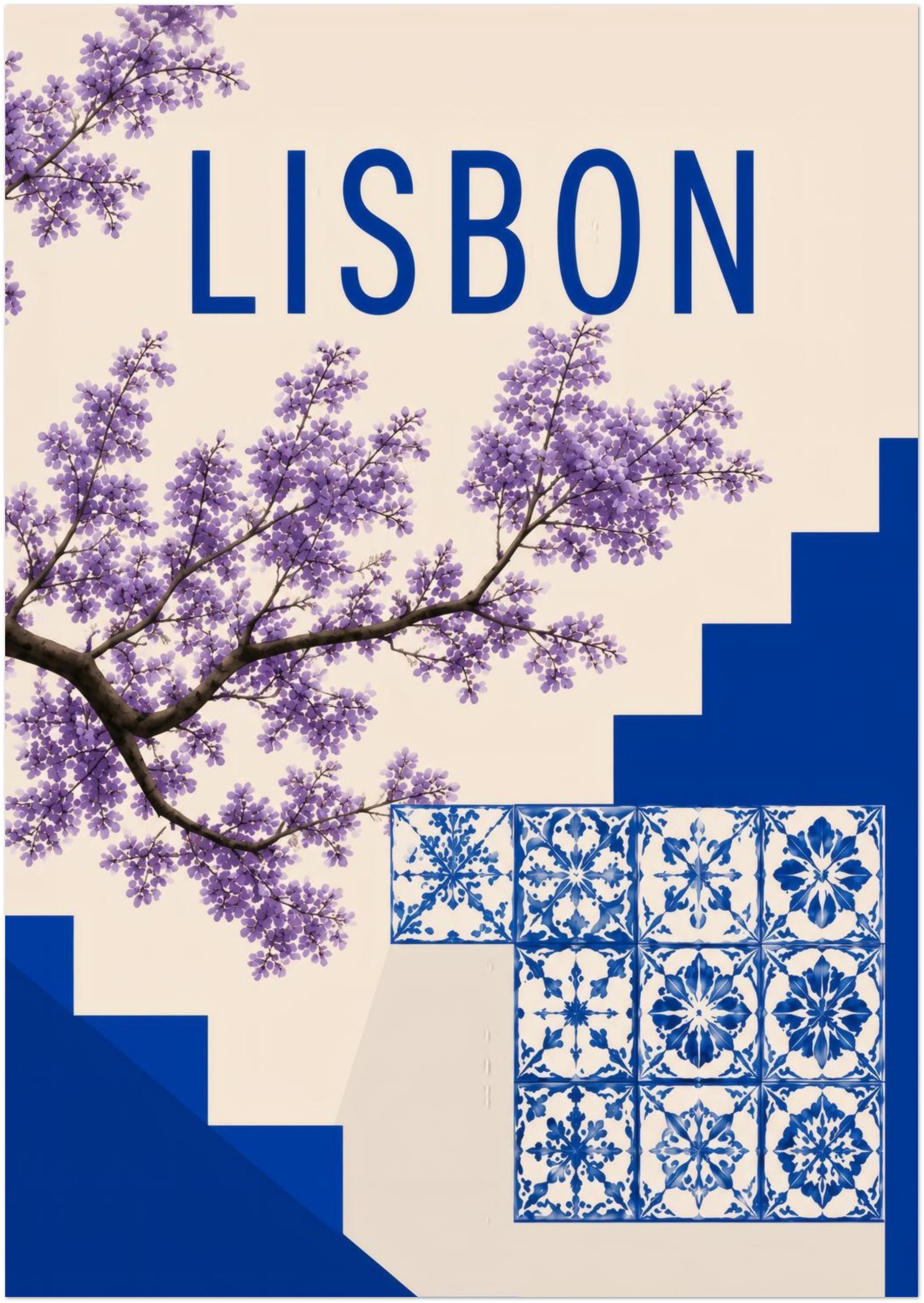 A1 unframed Lisbon Portugal print featuring blue azulejo tile artwork, purple jacaranda branches, deep blue stair shapes and clean Lisbon text on a soft cream background. A large Lisbon poster for living room wall art, hallway decor, office styling, travel walls or blue and white interiors.