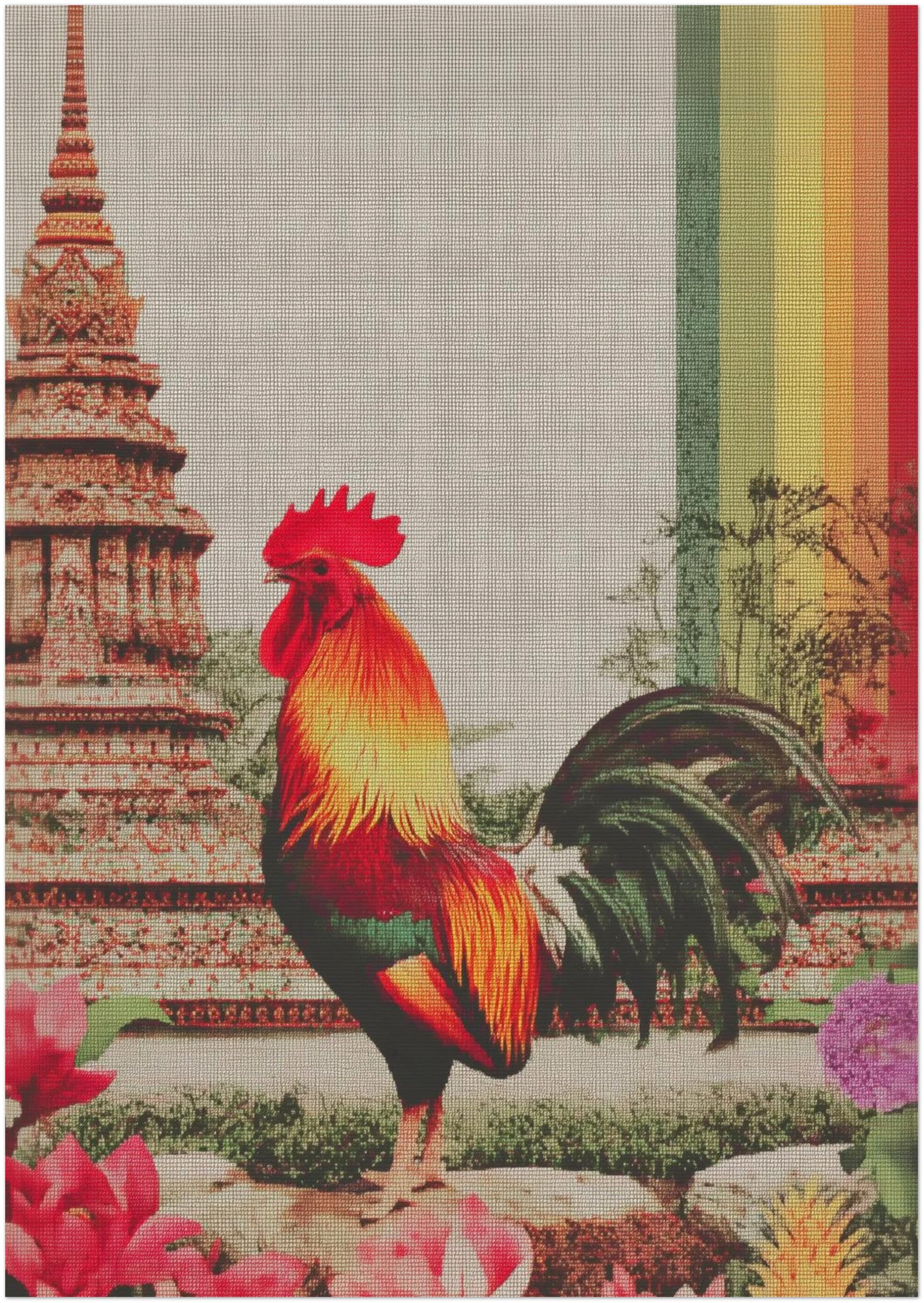 Unframed A1 Thai rooster art print featuring a commanding rooster set against a detailed Wat Arun-style temple backdrop. The print showcases clear canvas texture, layered feather tones and a vivid rainbow stripe that adds contemporary contrast to the traditional scene. Well suited for large frames, living rooms, dining areas or hallway feature walls that celebrate Thai heritage and symbolic cultural art.