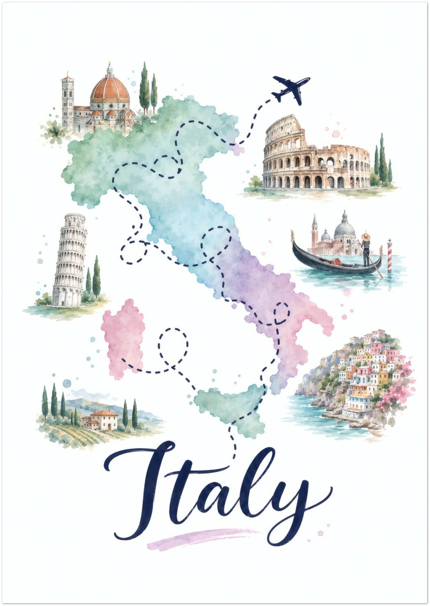 Unframed A2 Italy map wall art showing the country in soft pastel watercolour colours. Green, blue, pink and purple sections are surrounded by illustrated Italian landmarks, architecture and coastal details, with dotted travel routes and a small aeroplane overhead. Large navy Italy script completes the colourful portrait poster.