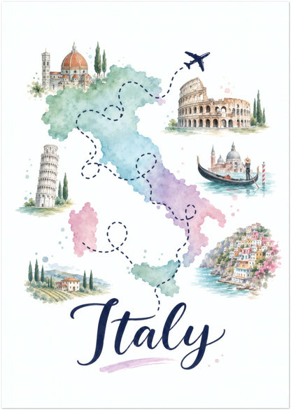 Unframed A2 Italy map wall art showing the country in soft pastel watercolour colours. Green, blue, pink and purple sections are surrounded by illustrated Italian landmarks, architecture and coastal details, with dotted travel routes and a small aeroplane overhead. Large navy Italy script completes the colourful portrait poster.