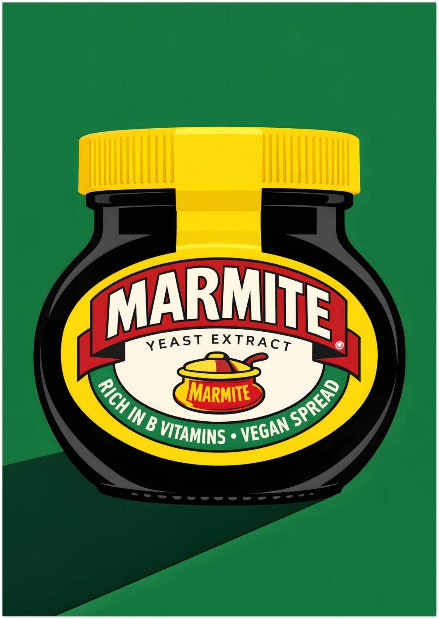 A2 contemporary British pop art print of a Marmite jar, using bold black, yellow, red and green colours in a simple graphic layout. The medium-large size gives enough impact for a feature wall without overpowering the room. A versatile option for kitchens, dining rooms, breakfast corners or gallery walls needing British food wall art with a clean modern look and easy styling appeal.