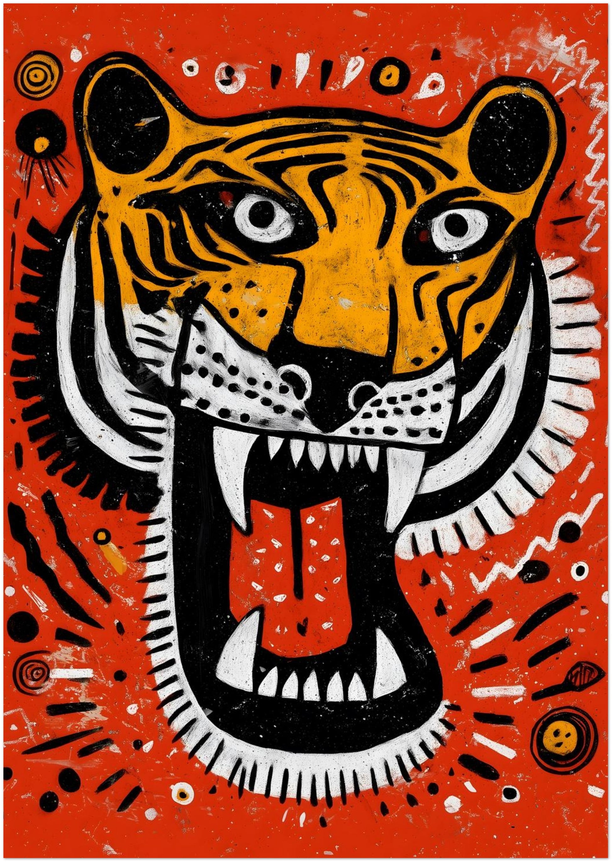 A2 size unframed Roaring Malayan Tiger poster showing a powerful tiger head with open jaws and detailed white fangs. The orange background contrasts with heavy black and white stripes and dotted tribal accents. A bold Malaysian national animal print designed as statement tiger wall art for larger modern rooms.