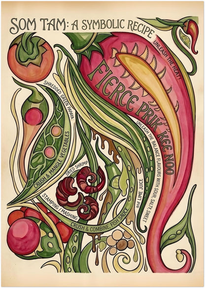 A2 unframed Som Tam Recipe Print shown as a straight-on product preview with the full illustrated design centred on a white background. The artwork combines Thai papaya salad ingredients such as red chilli, shredded green papaya, tomato, lime and dried shrimp with recipe words worked into flowing shapes. This size image clearly shows the layout of the print for kitchens, dining spaces, food corners or Thai restaurant wall decor.
