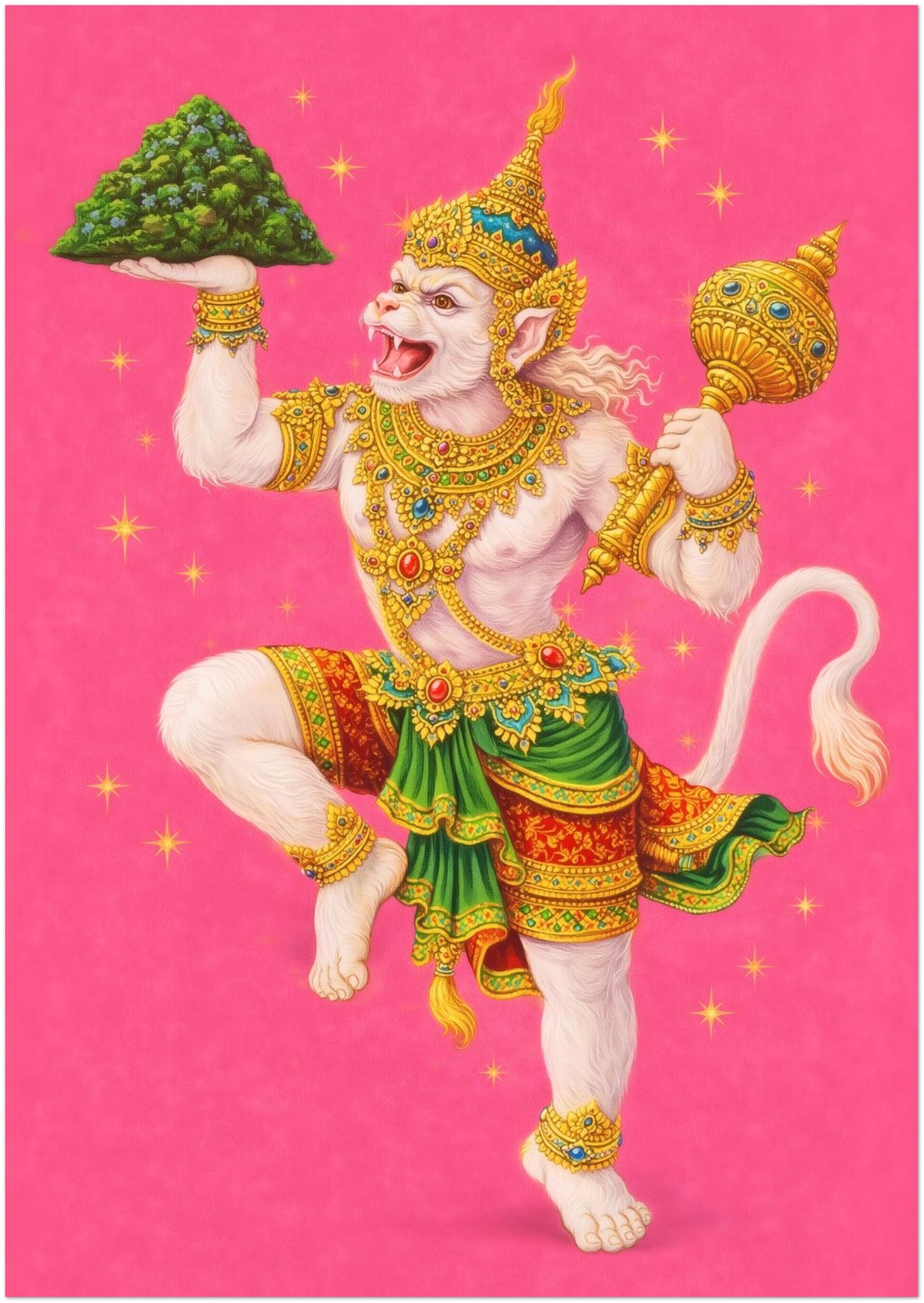 A2 unframed Thai Hanuman Ramakien art print depicting the Hindu monkey god in dynamic pose with ornate Thai costume and gold accents. Set against a vivid pink backdrop, the mythology poster delivers strong colour contrast and detailed craftsmanship. A large spiritual wall art piece inspired by the Ramakien epic and Hindu folklore traditions.