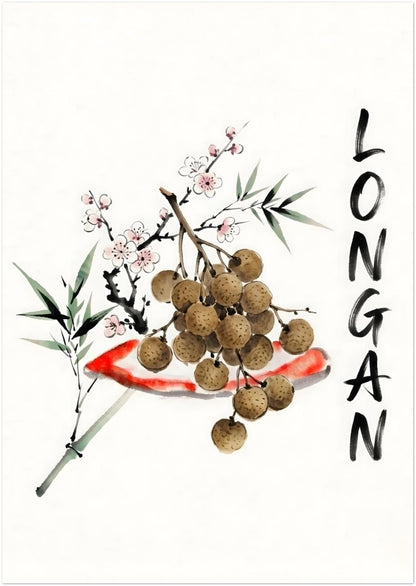 A2 Thai longan watercolour wall art with rounded brown fruit, green bamboo leaves, small blossom strokes and hand-painted black lettering on a simple white background. A minimalist Asian fruit poster for kitchens, dining spaces, cafés, food lovers and Thailand inspired interiors.