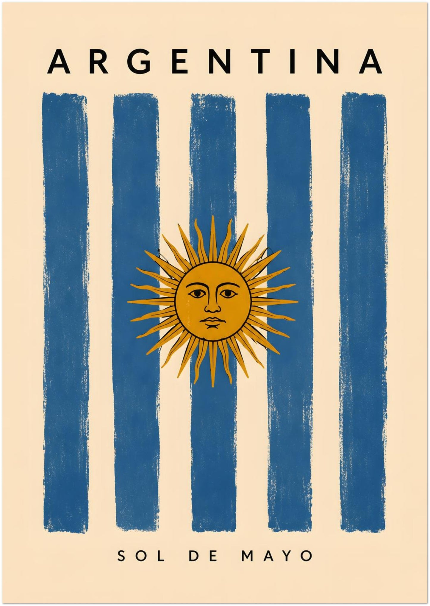 A2 unframed Argentina poster featuring painted blue stripes separated by warm cream sections, inspired by the country’s national flag. A golden Sun of May with a detailed face sits prominently in the centre. Argentina and Sol de Mayo lettering complete this vintage-style Argentine cultural and travel wall art design.