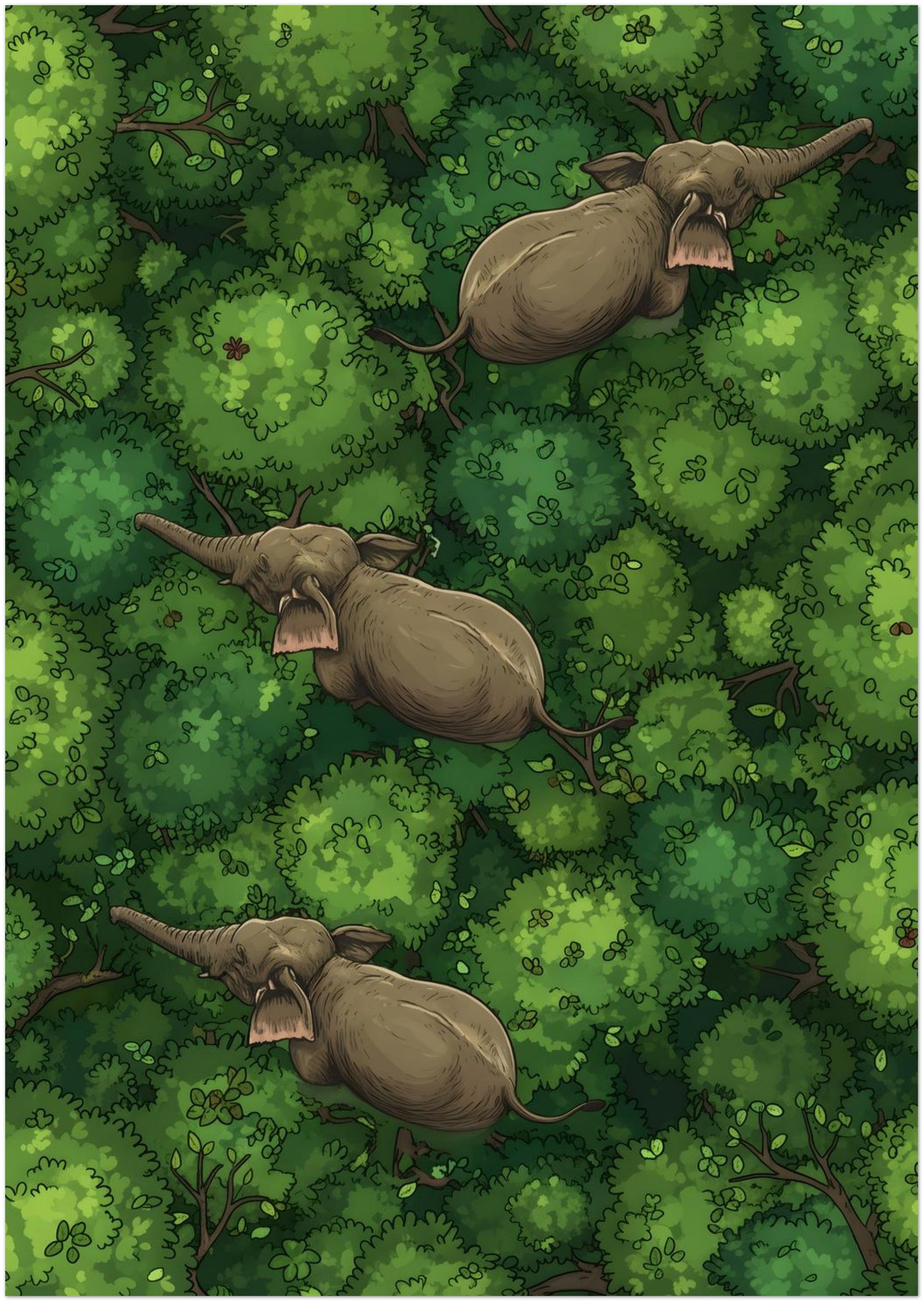 A2 unframed vertical elephant forest poster art showing three elephants walking through dense jungle canopy from above. Rich green foliage fills the print with rounded textures and natural depth, while the steady line of elephants adds a simple sense of movement. Works well for elephant wall art, forest animal print, jungle illustration and modern nature-themed home decor.