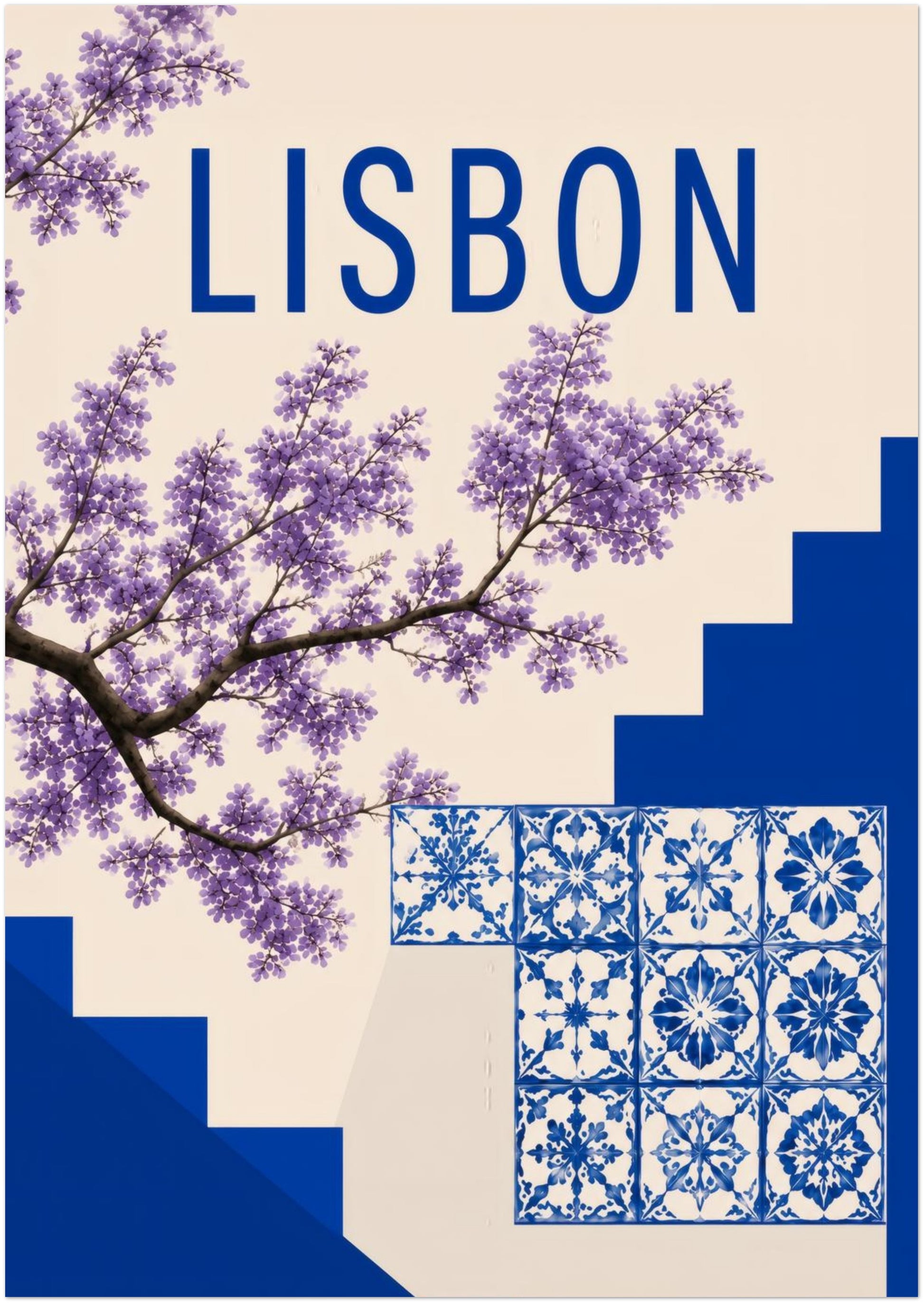 A2 unframed Lisbon travel print with Portuguese tile wall art details, blue geometric steps, purple jacaranda flowers and bold Lisbon lettering. A medium-large Portugal poster for bedrooms, kitchens, hallways, home offices, gallery walls or simple European travel inspired home decor.