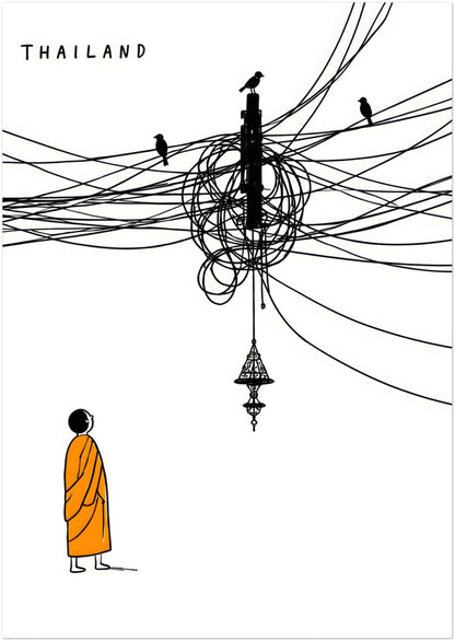 A2 Thailand cable chaos monk art with black tangled street wires stretching across the page, birds sitting above and a Buddhist monk in orange below. A funny Thailand travel print with a simple black, white and orange colour palette, made for clean modern wall decor.