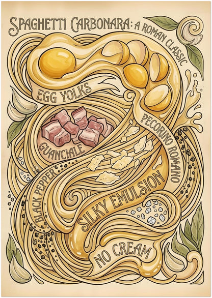 A3 unframed pasta print featuring the Spaghetti Carbonara artwork in a smaller ready-to-frame format. The vintage-style design shows flowing spaghetti, egg yolks, guanciale, cheese, herbs, garlic and decorative text on a soft beige background. A simple size for kitchen shelves, breakfast corners, coffee stations or smaller wall spaces needing Italian kitchen wall art, food wall decor or a retro spaghetti print.