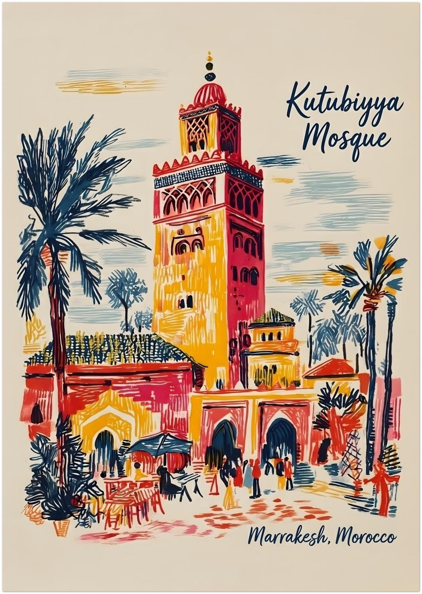 A3 unframed Kutubiyya Mosque print featuring a detailed Marrakech street scene with palm trees, arched doorways, small figures and the mosque tower in a colourful travel poster style. The red, yellow, blue and cream sketch lines give the artwork a relaxed but eye-catching finish. A flexible Morocco wall art size for shelves, smaller walls, bedrooms, home offices or gallery wall arrangements.