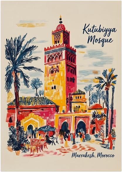 A3 unframed Kutubiyya Mosque print featuring a detailed Marrakech street scene with palm trees, arched doorways, small figures and the mosque tower in a colourful travel poster style. The red, yellow, blue and cream sketch lines give the artwork a relaxed but eye-catching finish. A flexible Morocco wall art size for shelves, smaller walls, bedrooms, home offices or gallery wall arrangements.