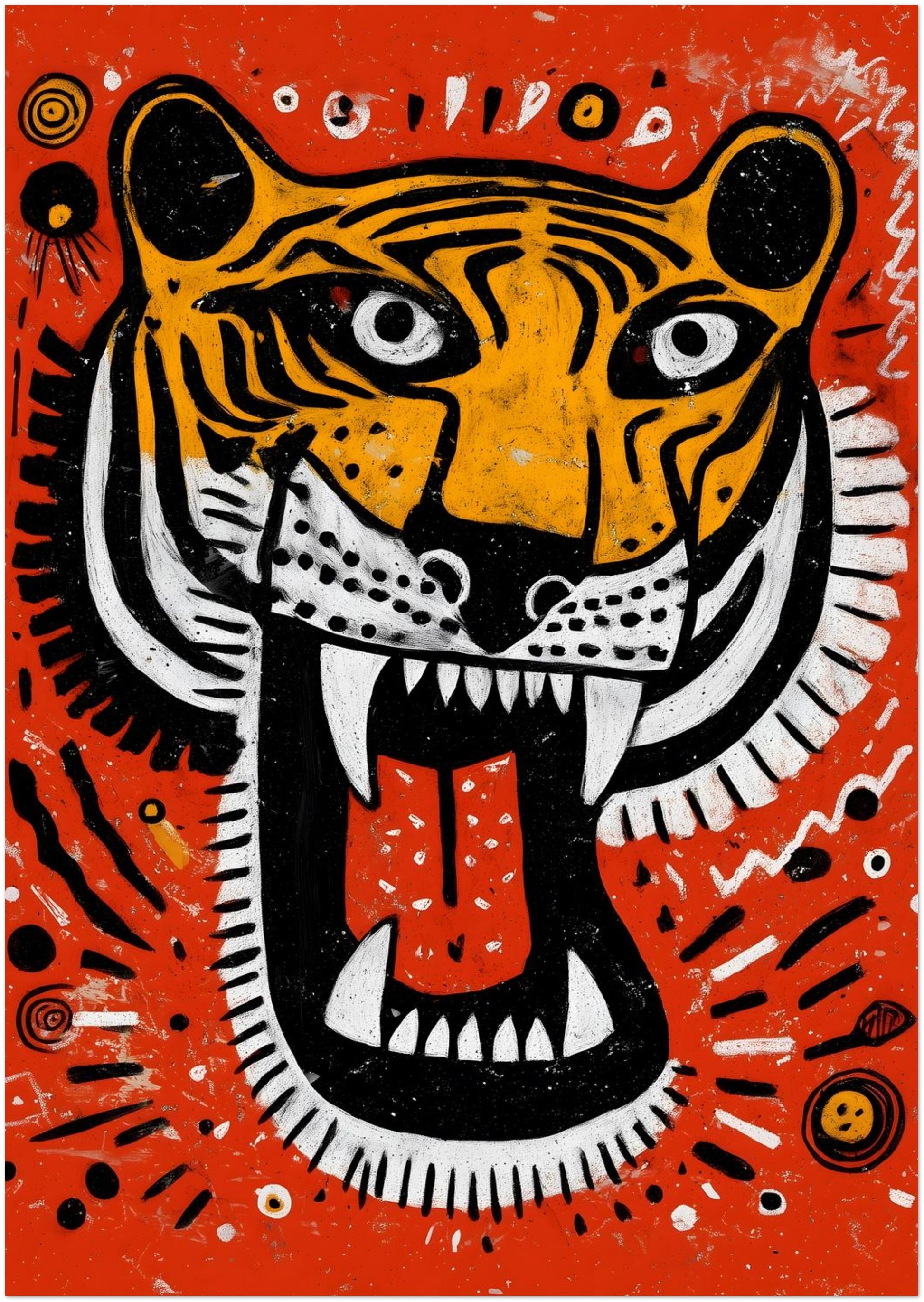 A3 unframed Malayan Tiger wall art in contemporary Southeast Asian folk style. The tiger’s open mouth, sharp teeth and red tongue stand out against a vibrant orange backdrop. Bold black and white graphic striping and circular tribal patterns create a striking wildlife art print suited to modern interiors and creative workspaces.