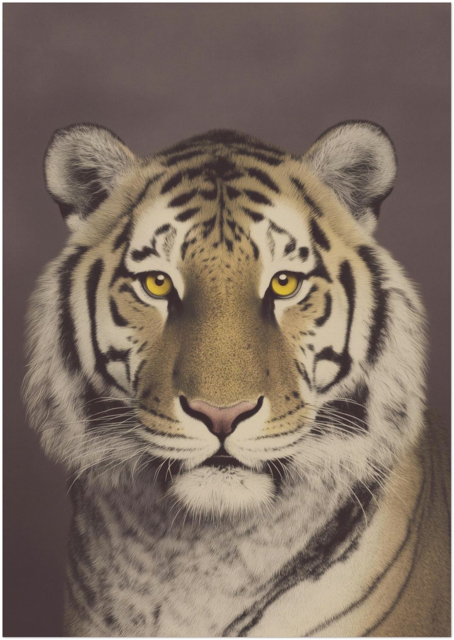A3 unframed Malayan tiger art print showing a calm front-facing portrait with detailed fur texture, bold stripe patterns and muted brown tones. Vintage wildlife wall art with a clean, centred composition suited to modern interiors, neutral walls and contemporary home decor setups.
