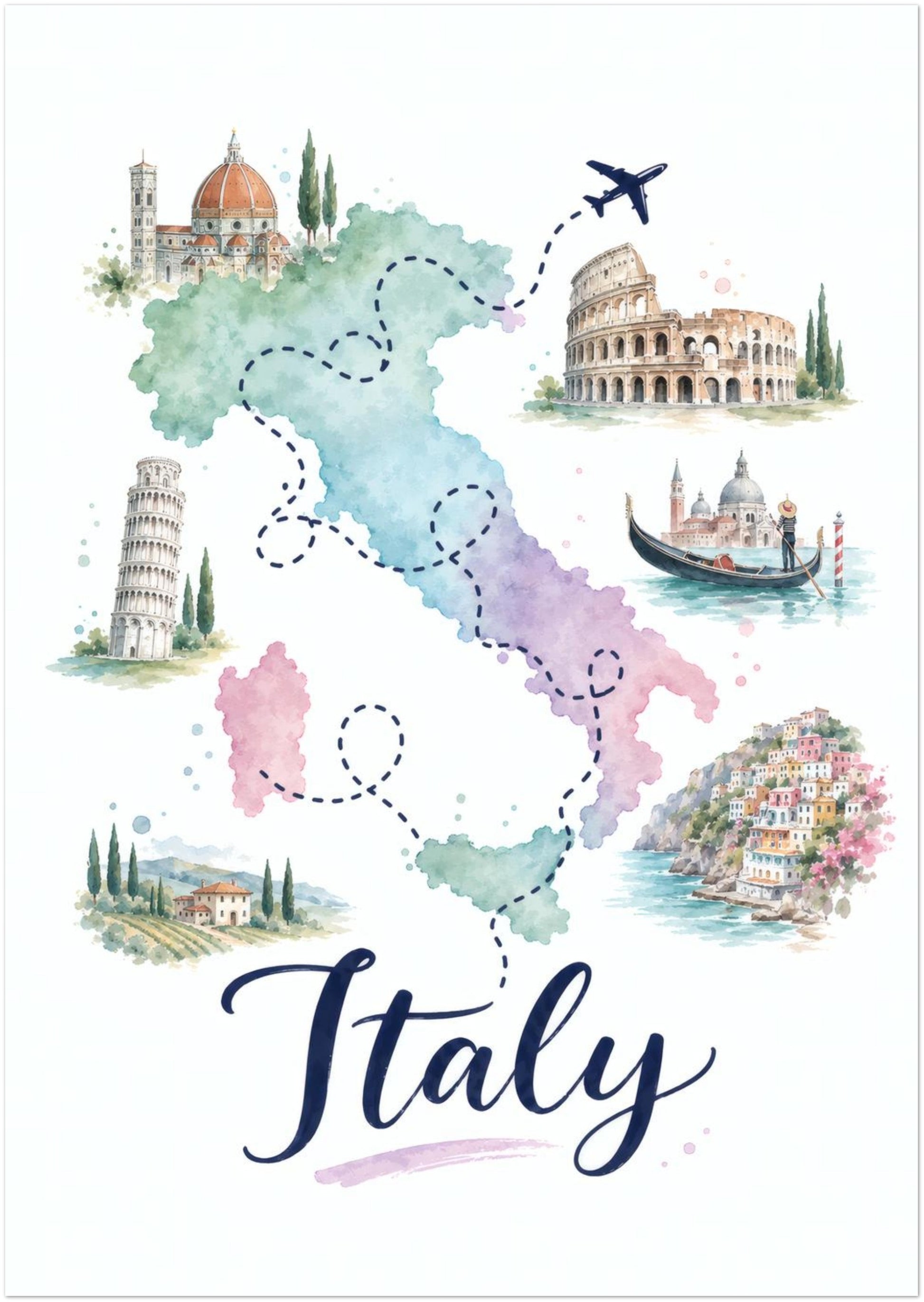 Unframed A3 Italy map poster with a colourful pastel watercolour illustration. The map combines green, blue, pink and purple regions with dotted routes, a flying aeroplane and small Italian landmarks, buildings and coastal scenes. Bold navy Italy lettering sits below, creating cheerful portrait travel wall art for an Italian-themed space.