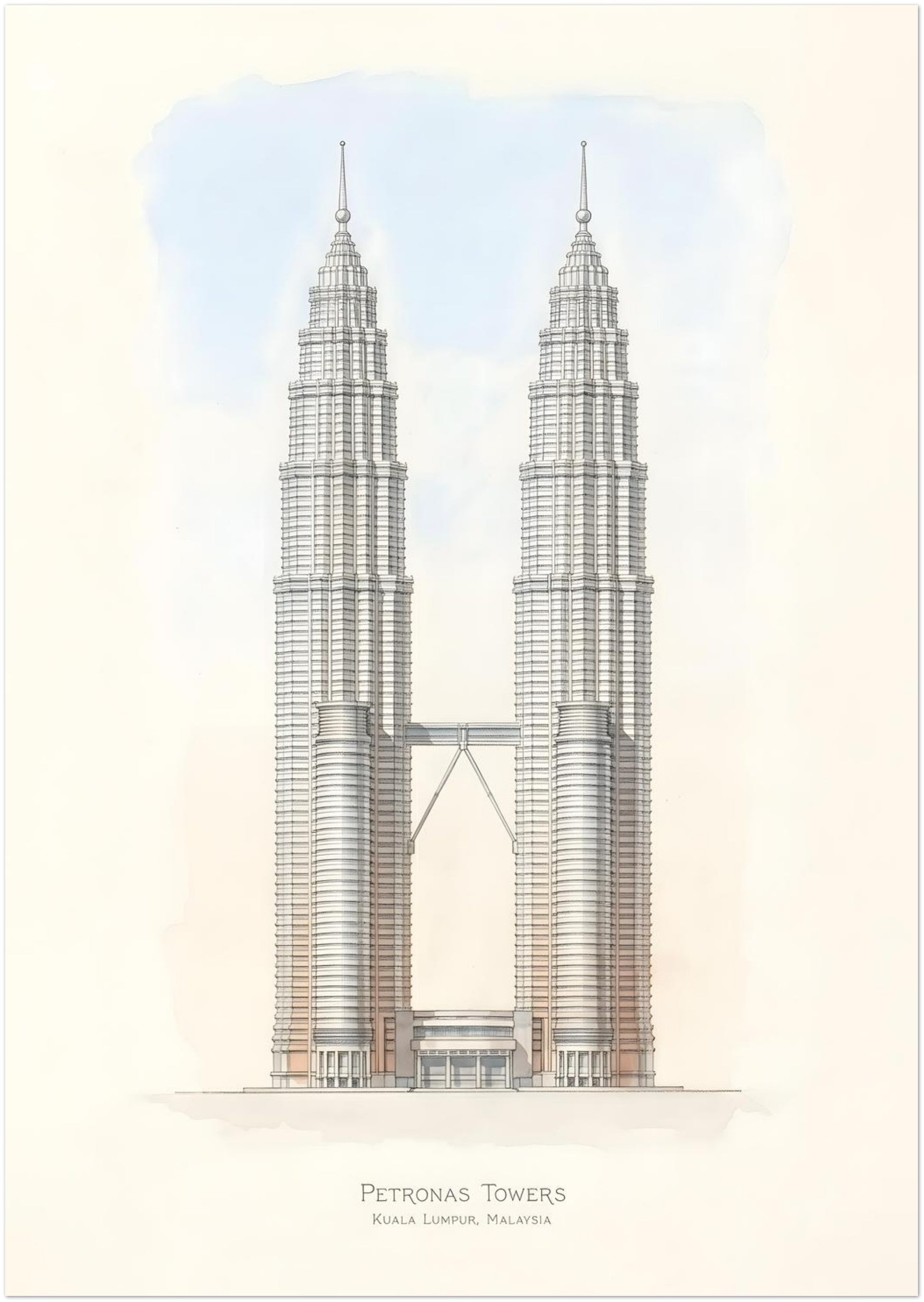 A3 unframed Petronas Towers architectural line art wall print featuring the iconic Kuala Lumpur skyline landmark. The Twin Towers are illustrated symmetrically with the sky bridge connecting them, set against a soft sky background with neutral colours. Minimalist Malaysia architecture poster designed for modern interior decor.