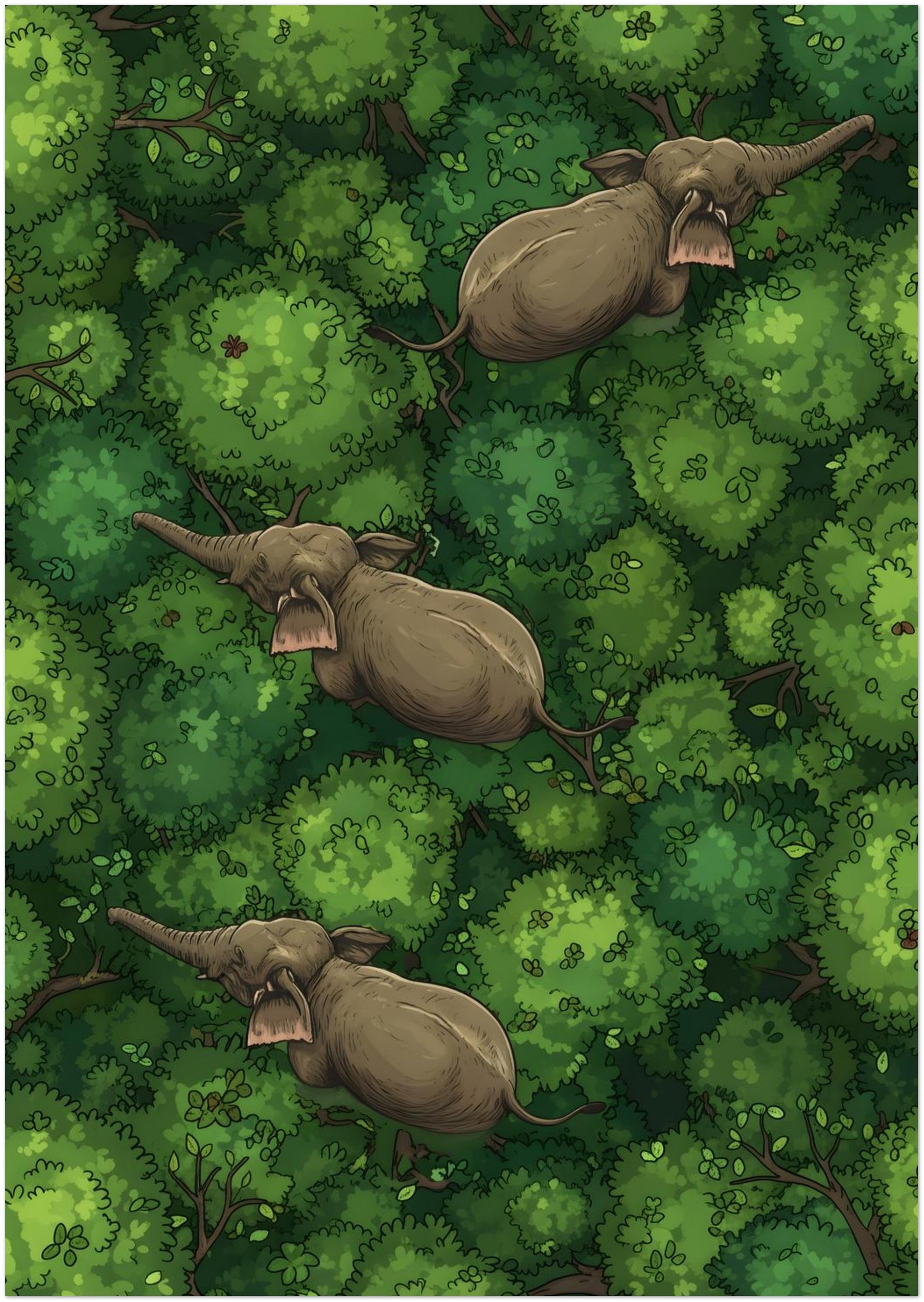 A3 unframed elephant jungle animal print with three elephants travelling across lush green treetops in an aerial view. The composition is clean and detailed, using layered canopy shapes and soft earthy tones to create a peaceful wildlife scene. An accurate product image for elephant poster searches, jungle wall decor, animal illustration and compact nature-inspired art displays.