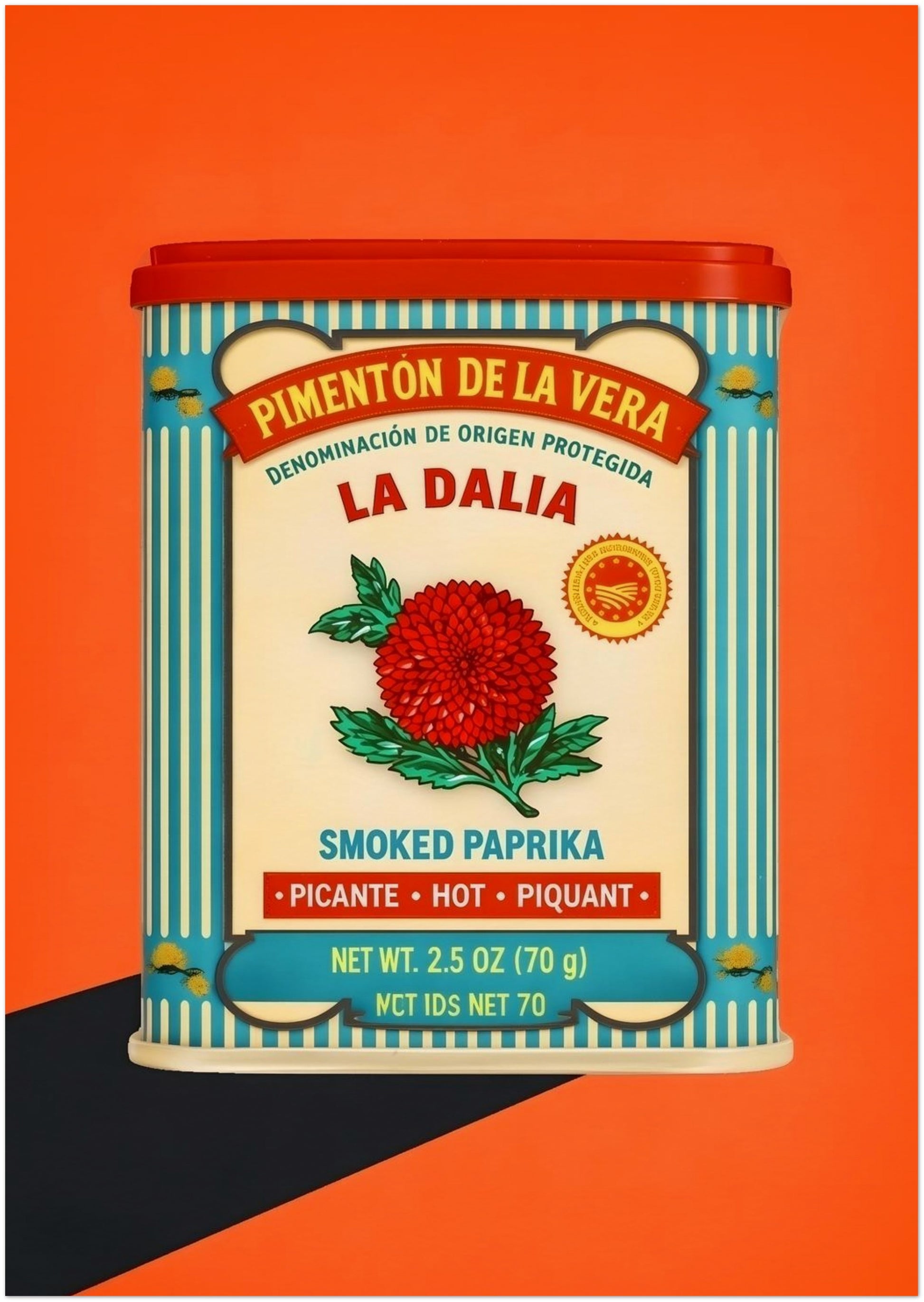 A3 unframed wall art print featuring the Spanish Smoked Paprika Tin design, displayed as a clean product image on a bold orange background. The artwork combines a red tin lid, cream label, blue striped border, red flower and Spanish wording for a classic vintage packaging look. Relevant for Spanish kitchen wall art, small retro food print, paprika label decor and colourful Mediterranean home styling searches.