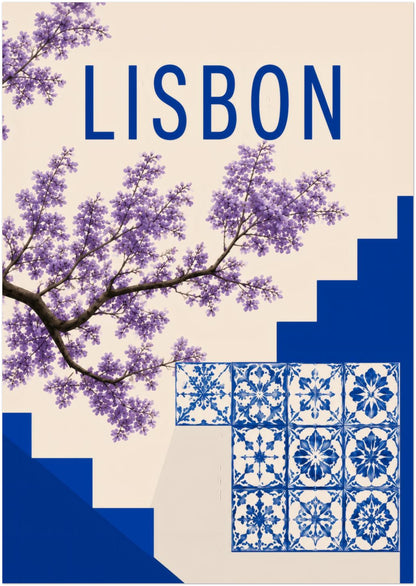 A3 unframed Lisbon poster showing blue Portuguese tile art, purple jacaranda flowers, deep blue city steps and simple Lisbon text on a cream background. A practical Portugal print size for smaller walls, shelf styling, gallery wall layouts, kitchen decor, bathroom wall art or travel decor.