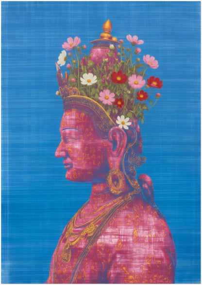 A3 unframed Pink Tara Buddhist wall poster on a white background, displaying the full feminine deity portrait with floral crown, lotus symbolism and bold pink tones in a vertically balanced spiritual art layout.