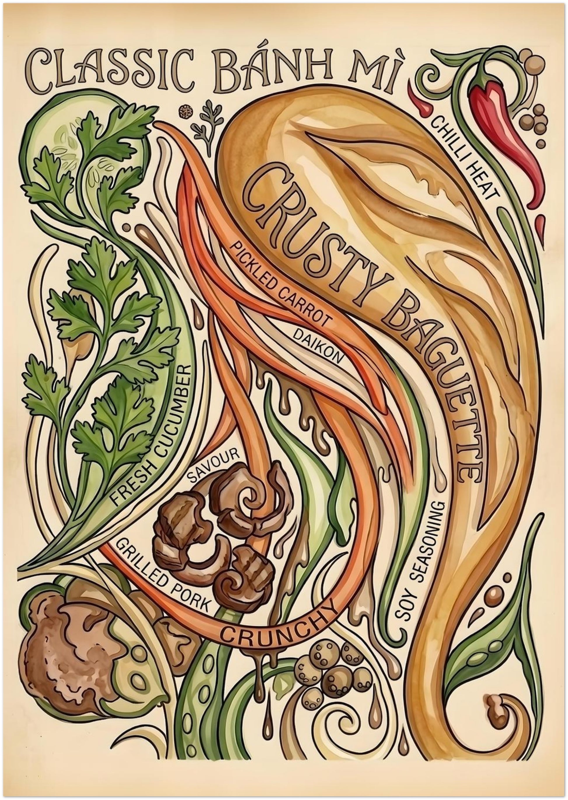 A3 unframed vintage Banh Mi kitchen poster with Vietnamese food artwork and recipe-style details. The print shows a crusty baguette, chilli, coriander, cucumber, pickled carrot, daikon, grilled pork and flowing decorative lines. A compact food poster for kitchens, cafés and small dining walls.