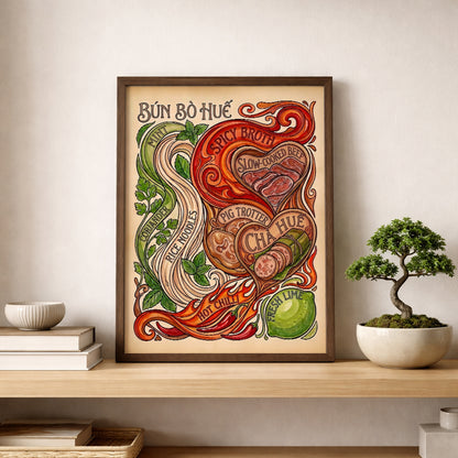 Bun Bo Hue Vietnamese food poster styled on a wooden shelf beside a small bonsai plant. The vintage recipe artwork features rice noodles, chilli, lime, herbs, beef and red spicy broth swirls, making it ideal for kitchen wall art, dining room decor, cafe styling or Asian food print displays.