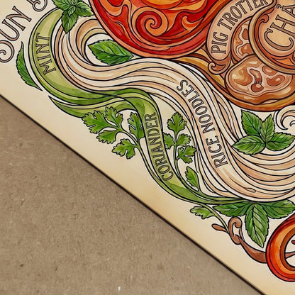 Close-up detail of the Bun Bo Hue Vietnamese food poster showing the printed paper texture, illustrated noodles, green herbs and red broth-style artwork. The angle highlights the colour, line work and depth of the vintage recipe print, ideal for showing quality and detail in food wall art.