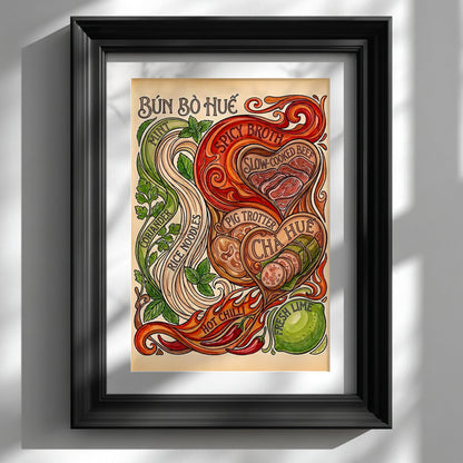 Bun Bo Hue Vietnamese food poster displayed in a black frame on a clean white wall. The artwork shows rice noodles, chilli, mint, coriander, lime, slow-cooked beef and bold red broth swirls, making it a strong choice for framed kitchen wall art, Asian food decor or a vintage recipe print.