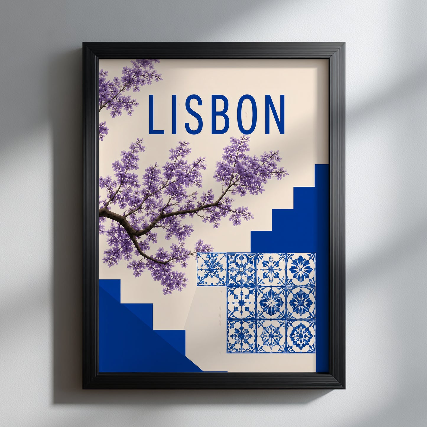 Framed Lisbon travel poster shown in a black frame on a simple interior wall. The artwork features blue Portuguese tile details, bold Lisbon text, deep blue steps and purple jacaranda flowers, making it a clear choice for modern Portugal wall art, city travel decor or a clean European print.

Original filename: poster-on-shelf-bonsai