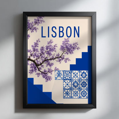 Framed Lisbon travel poster shown in a black frame on a simple interior wall. The artwork features blue Portuguese tile details, bold Lisbon text, deep blue steps and purple jacaranda flowers, making it a clear choice for modern Portugal wall art, city travel decor or a clean European print.

Original filename: poster-on-shelf-bonsai