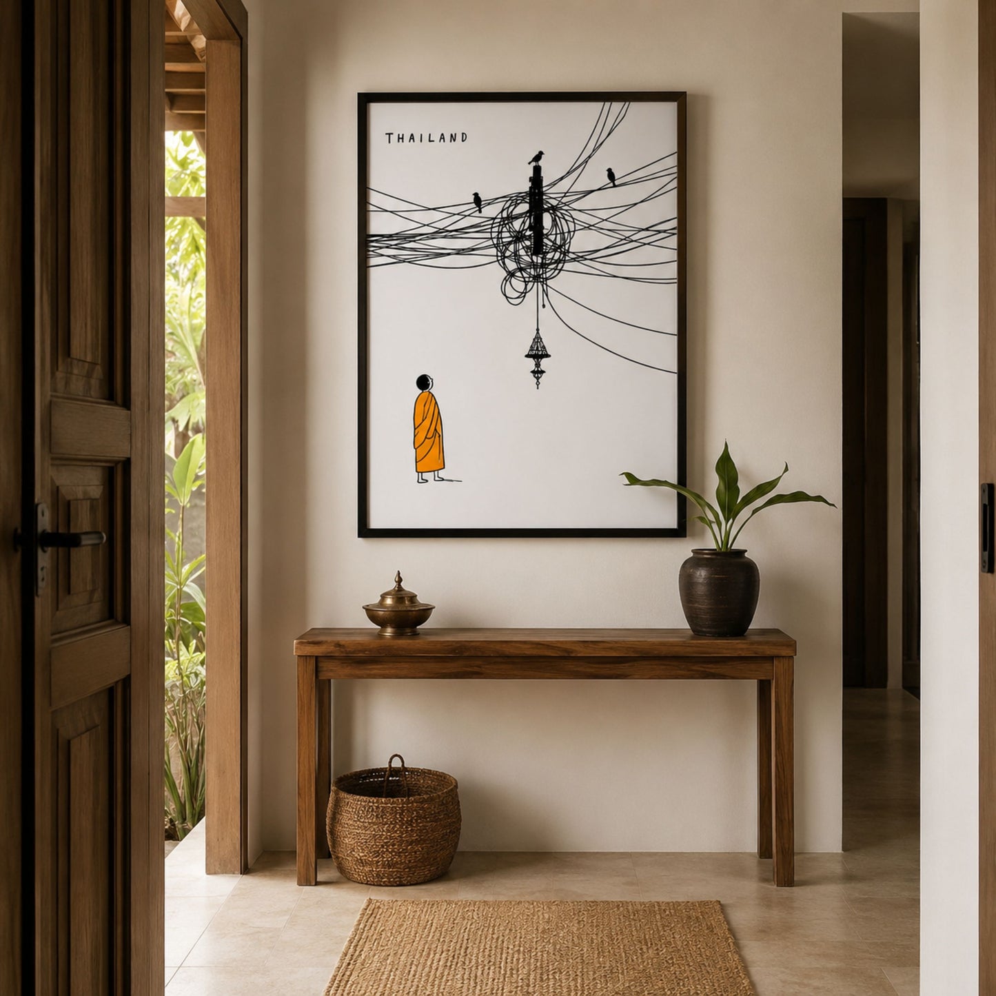 Framed Thailand cable mess poster displayed above a wooden console table in a warm neutral room. The artwork shows a Buddhist monk in an orange robe looking up at tangled black street wires, birds and a small hanging lamp, creating simple black and orange Thai travel wall art.