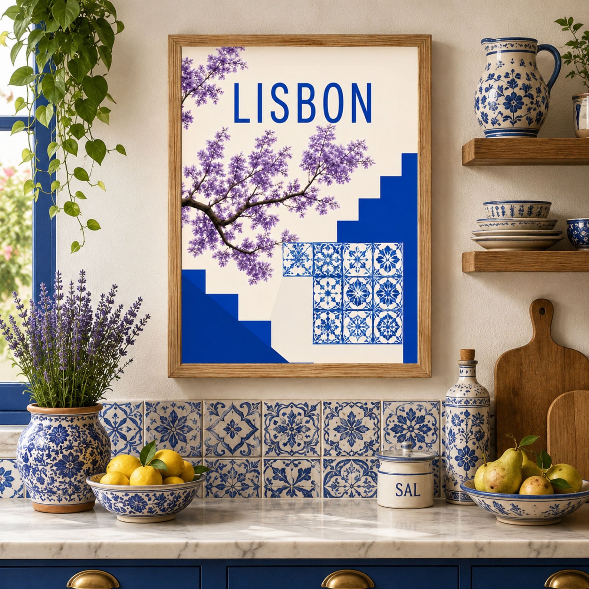Lisbon azulejo poster framed in a colourful Portuguese style kitchen with blue and white ceramics, patterned tiles, lemons, plants and wooden shelves. The artwork stays central with Lisbon text, purple jacaranda flowers and deep blue steps, ideal for kitchen wall art and Mediterranean home decor.