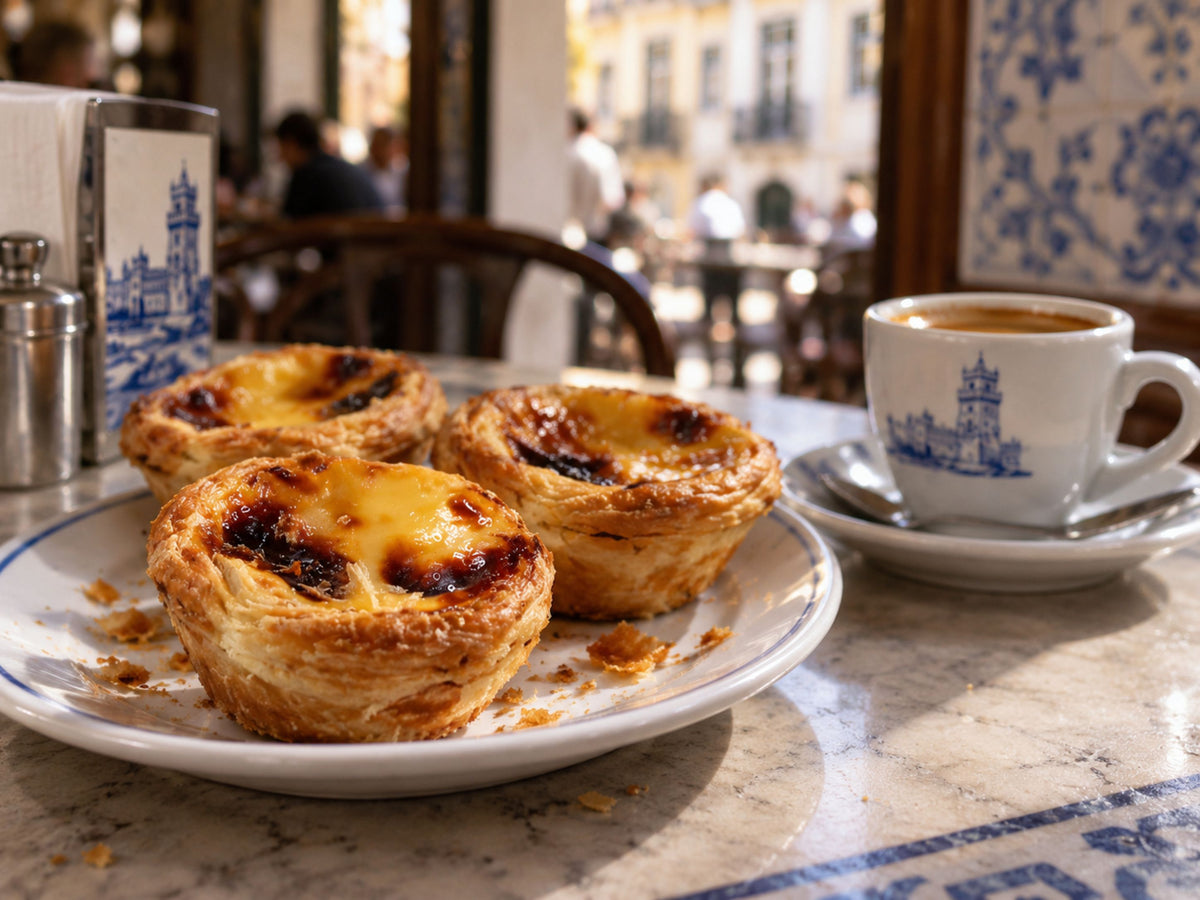 Pastel de nata and Portuguese coffee on a café table in Portugal