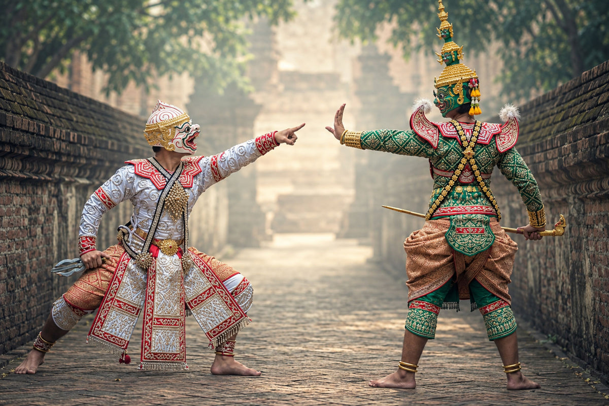 Thai Khon Hanuman performer in a white monkey mask facing a green-masked character in traditional embroidered costume during a dramatic Khon dance scene in Thailand.