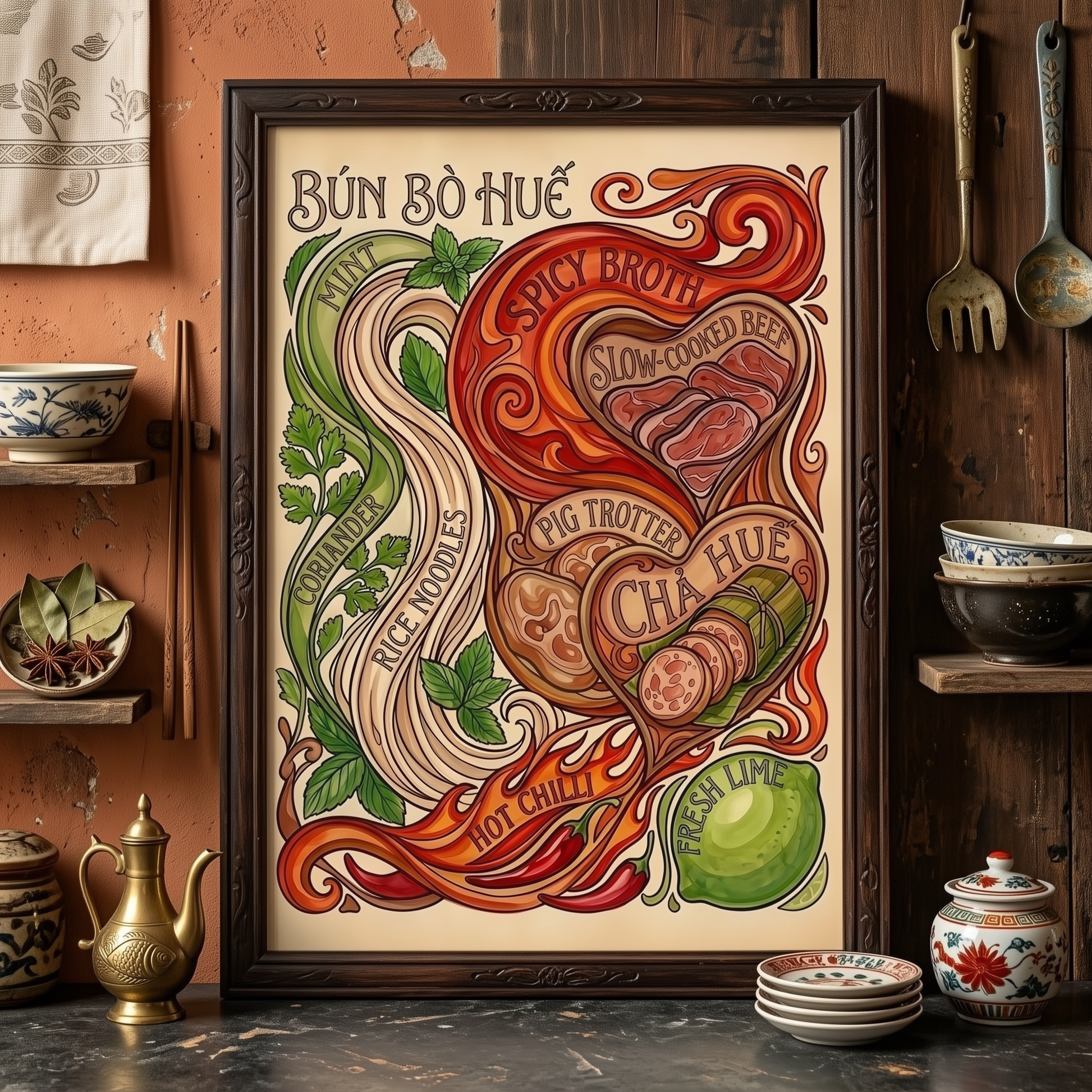 Main product image showing the Bun Bo Hue poster framed in a cosy kitchen setting with shelves, jars and warm decor. The Vietnamese food artwork includes noodles, chilli, herbs, lime, beef and chả Huế sausage, making it a bold vintage recipe poster for kitchen wall art or cafe decor.