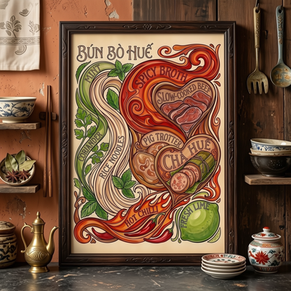 Main product image showing the Bun Bo Hue poster framed in a cosy kitchen setting with shelves, jars and warm decor. The Vietnamese food artwork includes noodles, chilli, herbs, lime, beef and chả Huế sausage, making it a bold vintage recipe poster for kitchen wall art or cafe decor.
