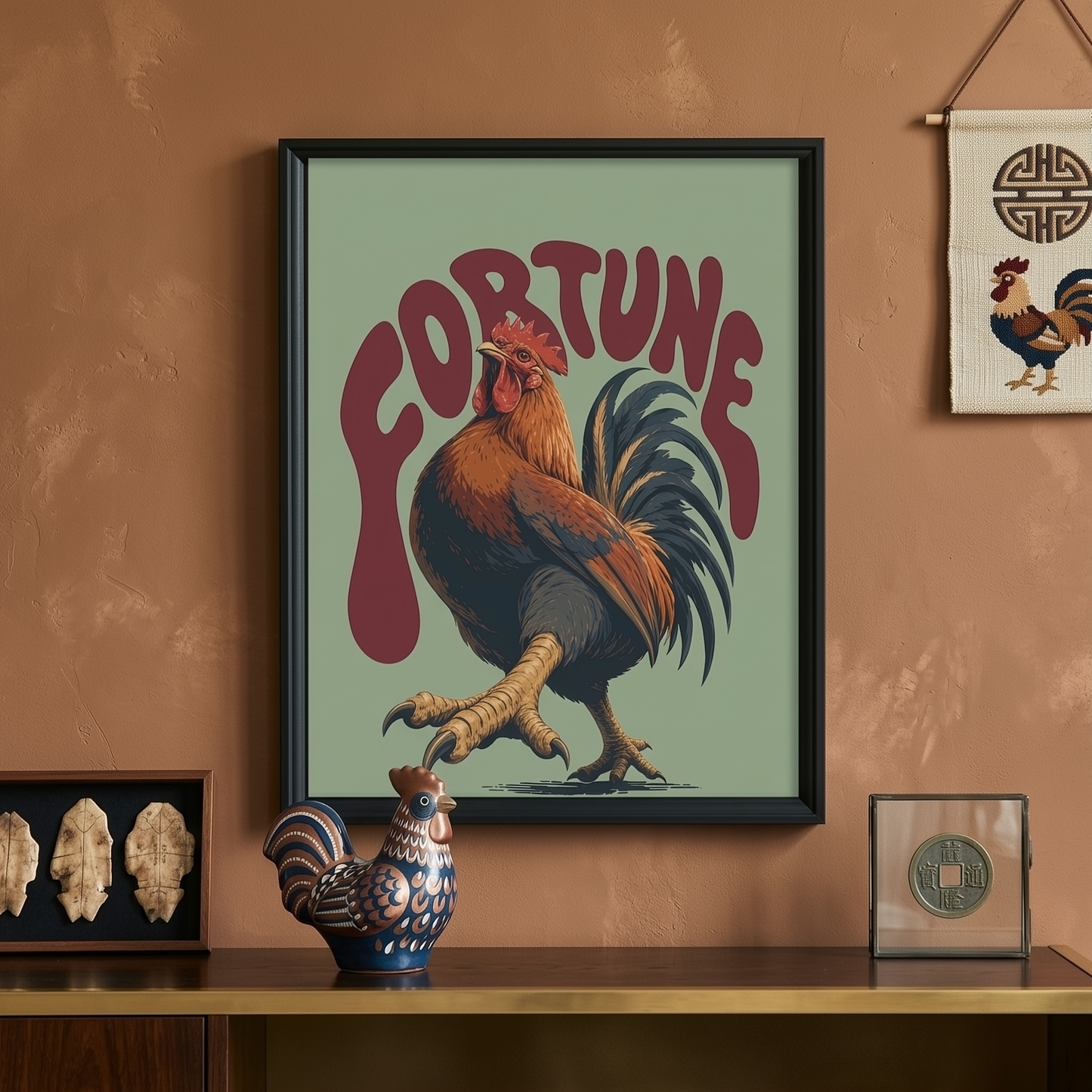 Green and Red Fortune Rooster Print