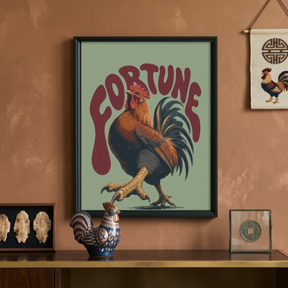 Green and Red Fortune Rooster Print