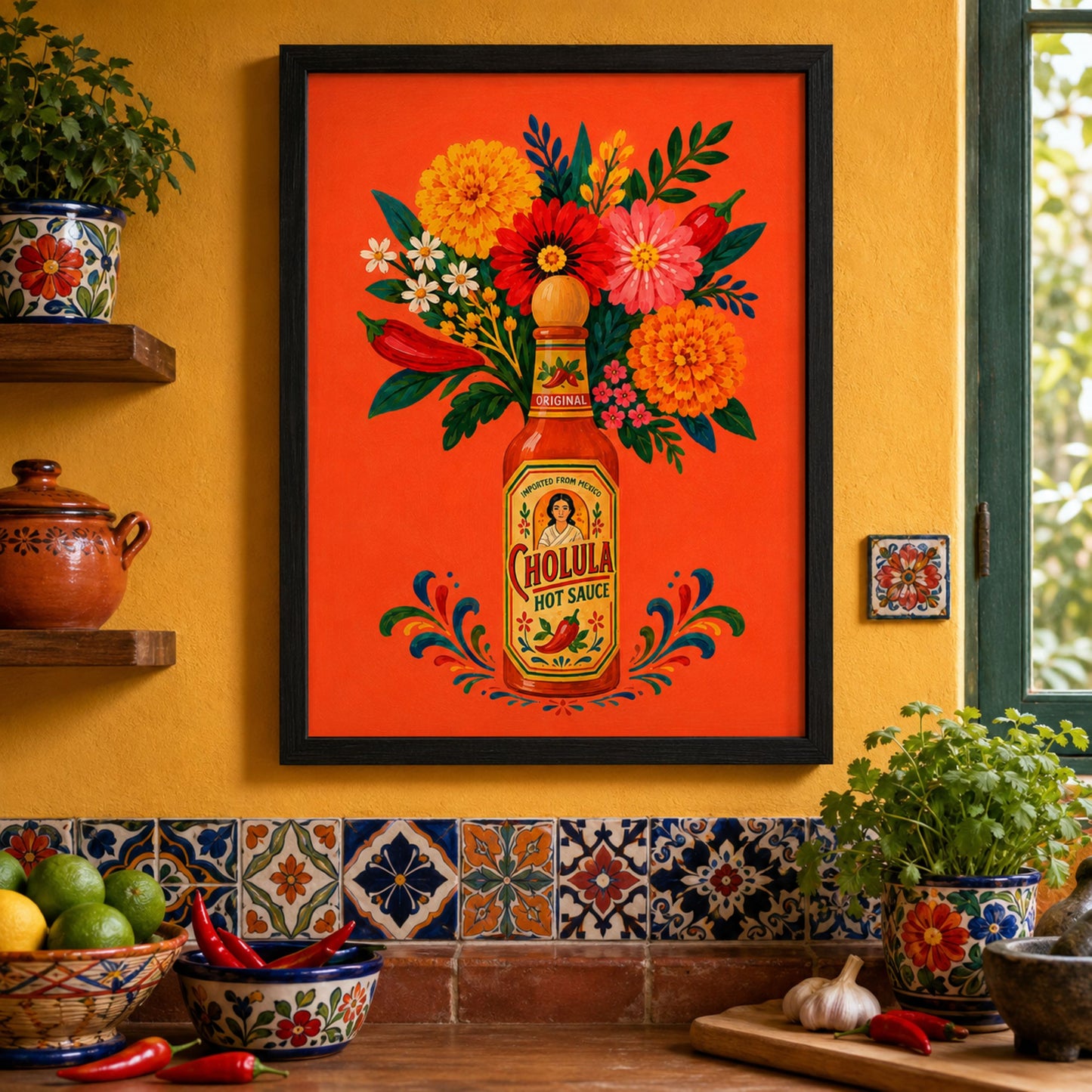 Mexican spicy sauce flower art print displayed in a black frame above a kitchen worktop, surrounded by patterned tiles, warm wooden details, plants and colourful décor in a lively café-style interior.