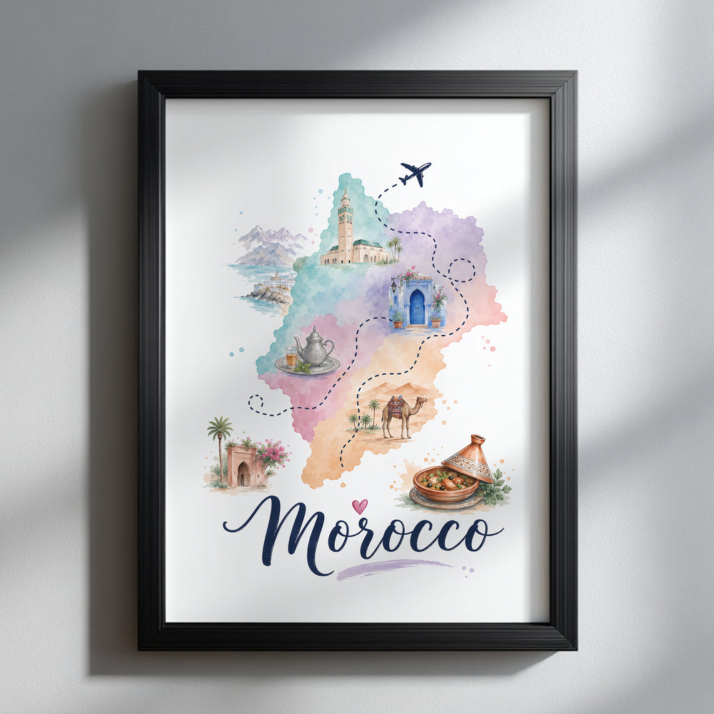 Morocco Watercolour Travel Map Poster