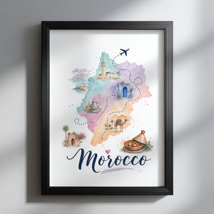 Morocco Watercolour Travel Map Poster